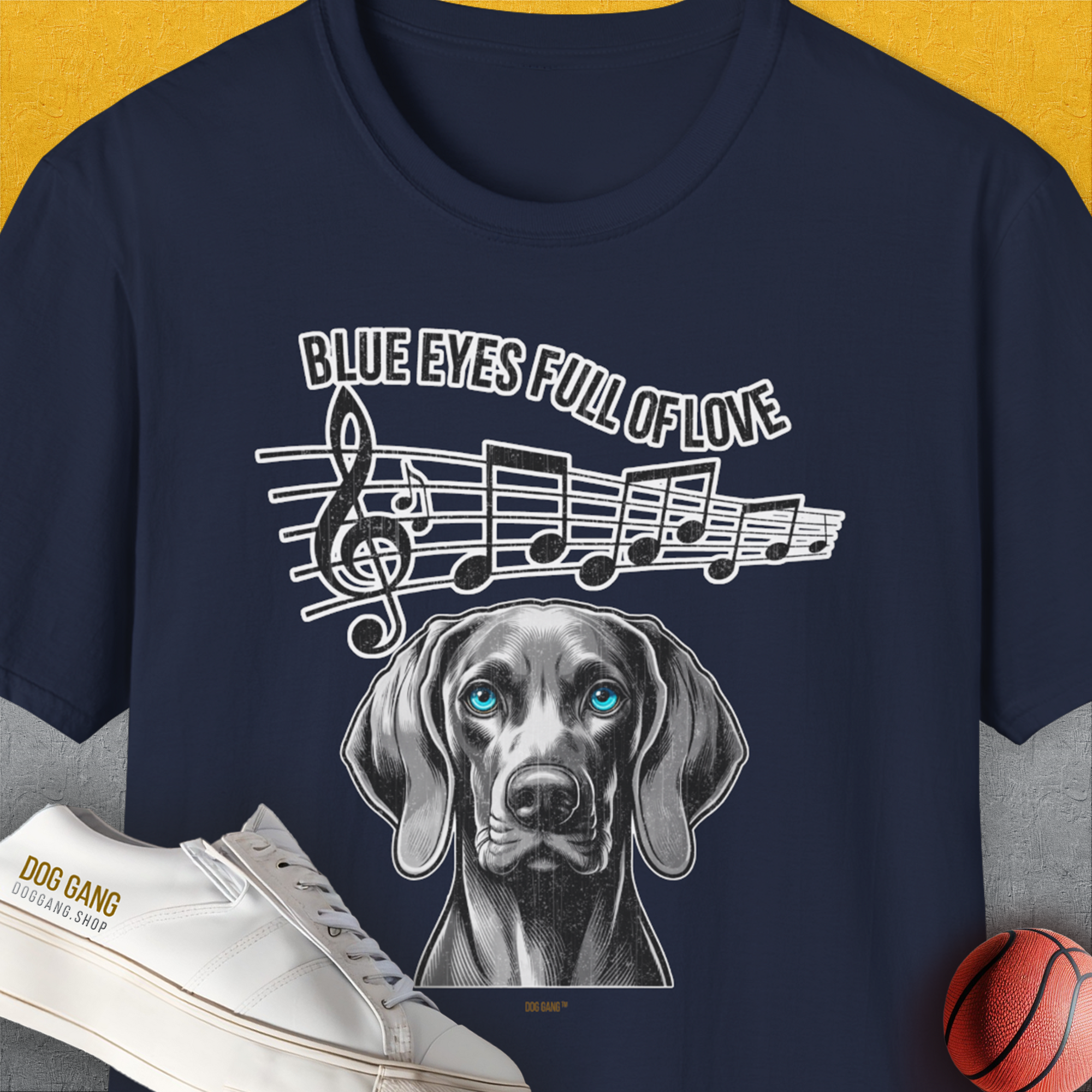 Blue Eyes Full Of Love, Volume 4 (Weimaraner), Unisex T-Shirt-Navy, Design by Dog Gang