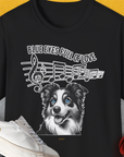 Unisex black T-shirt with a vintage design of a Border Collie and music notes. Features the quote BLUE EYES FULL OF LOVE. Perfect for any dog lover. Designed by Dog Gang.