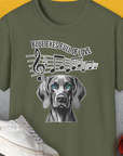 The military green T-shirt showcases a Weimaraner with music notes, perfect for any dog lover. Designed by Dog Gang.