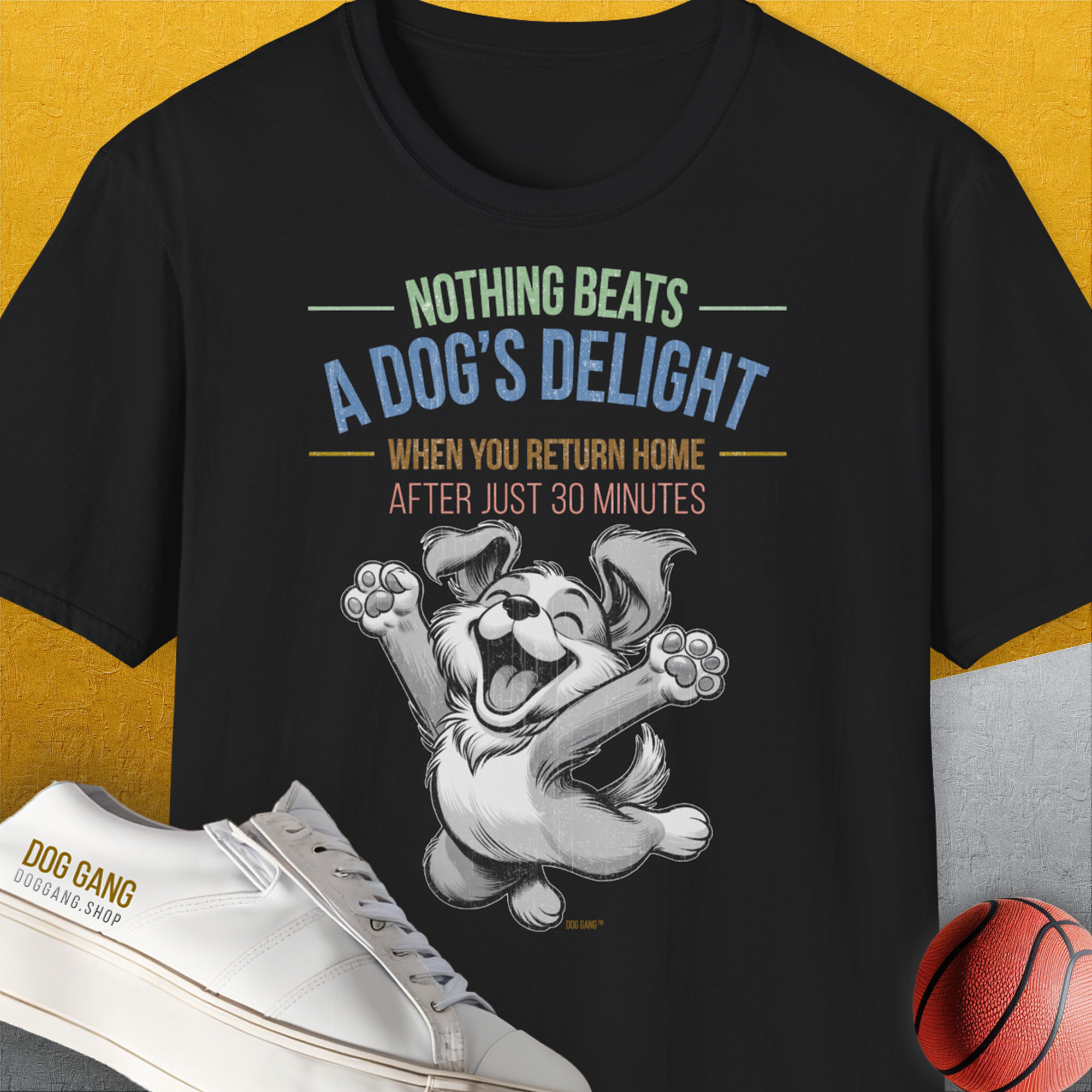 Nothing Beats A Dog's Delight When You Return Home, Volume 1, Unisex T-Shirt-Black-bequemes Softstyle - Tshirt. Lustiger Spruch mit Hund. Für Hundefreunde, in- und outdoor. Design by Dog Gang