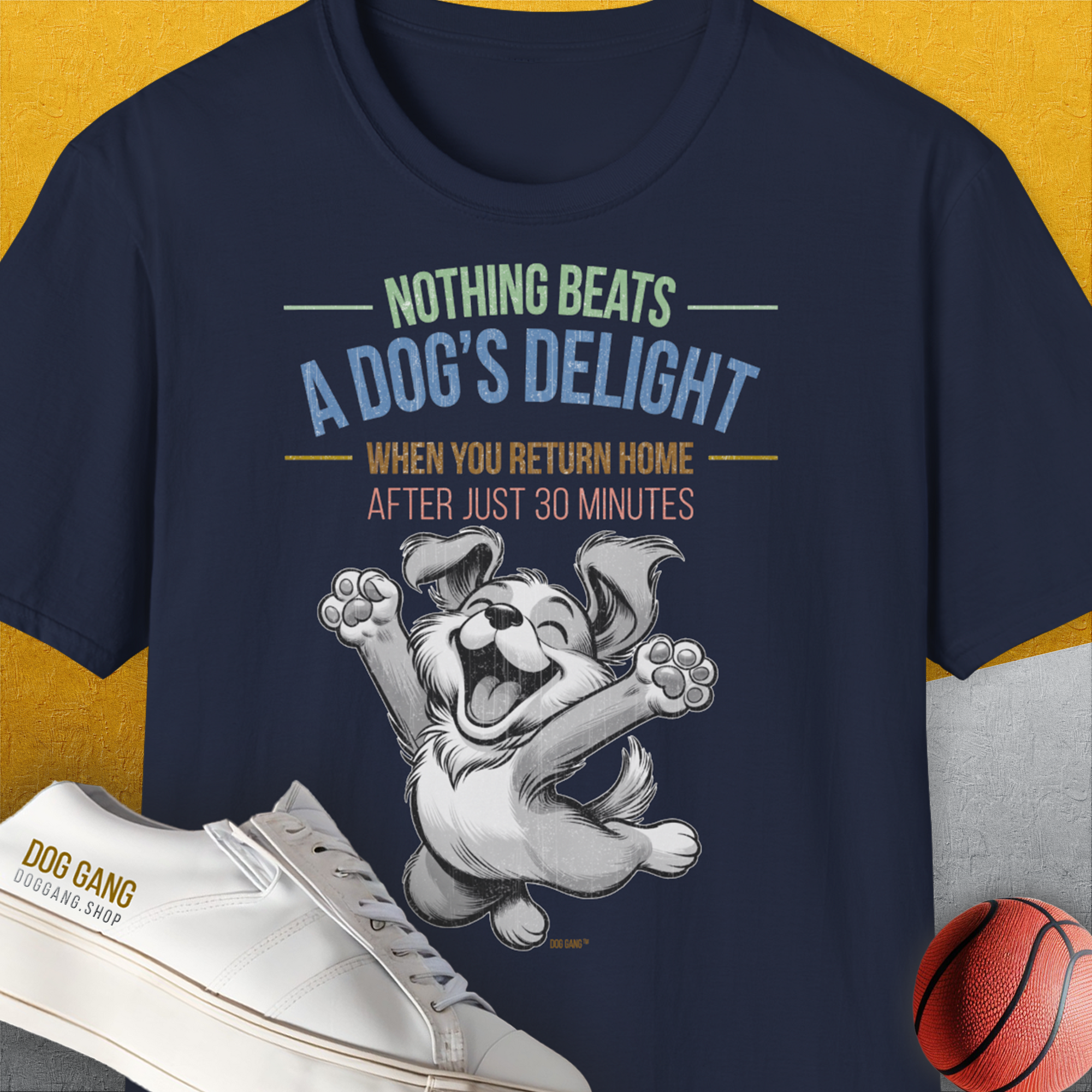 Nothing Beats A Dog's Delight When You Return Home, Volume 1, Unisex T-Shirt-Navy-humorvolles Hundeshirt, lustiger Spruch mit Hund, Design by Dog Gang