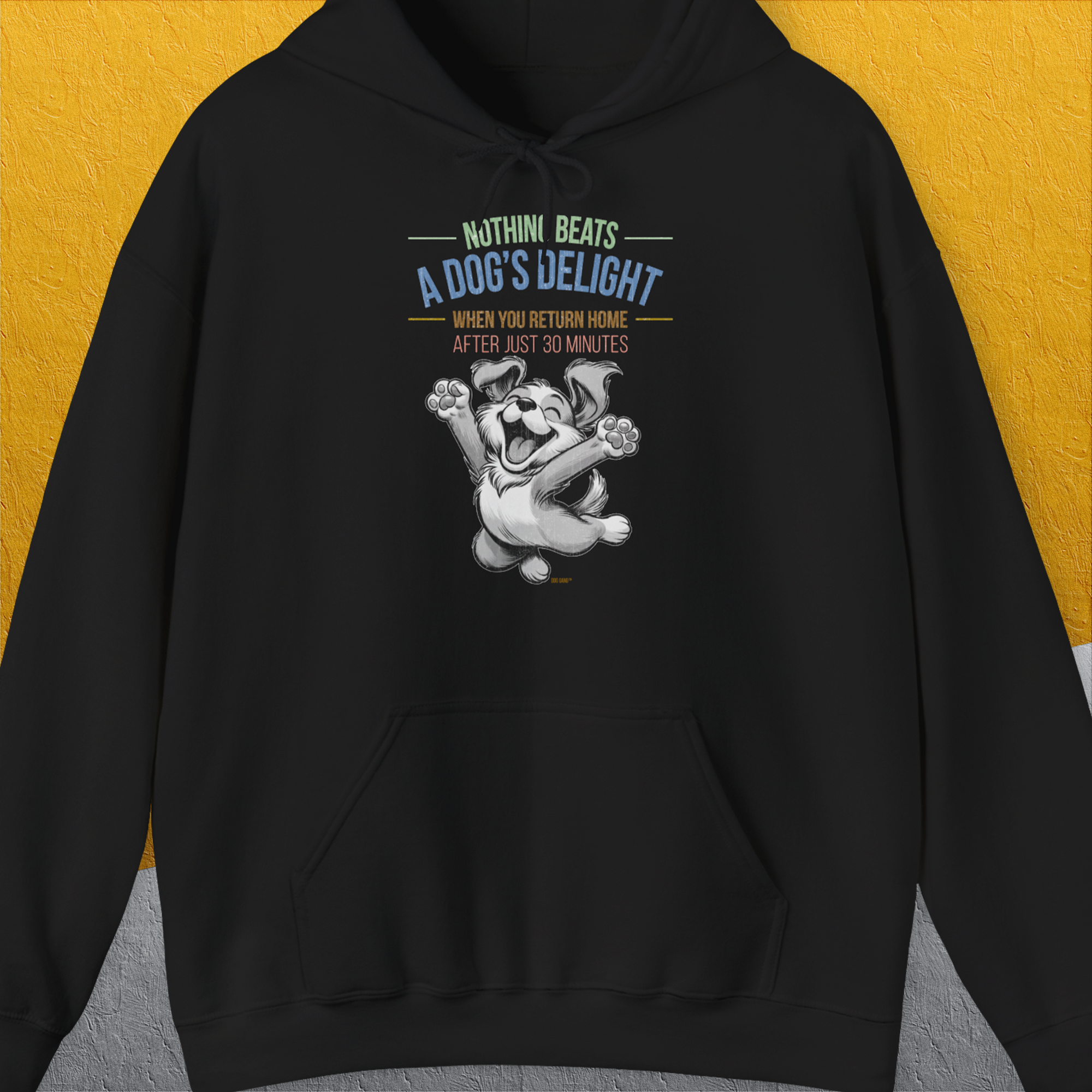 Nothing Beats A Dog's Delight When You Return Home, Volume 1, Unisex Hoodie-Black-cooles Shirt mit lustigem Spruch für Hundefreunde, Design by Dog Gang