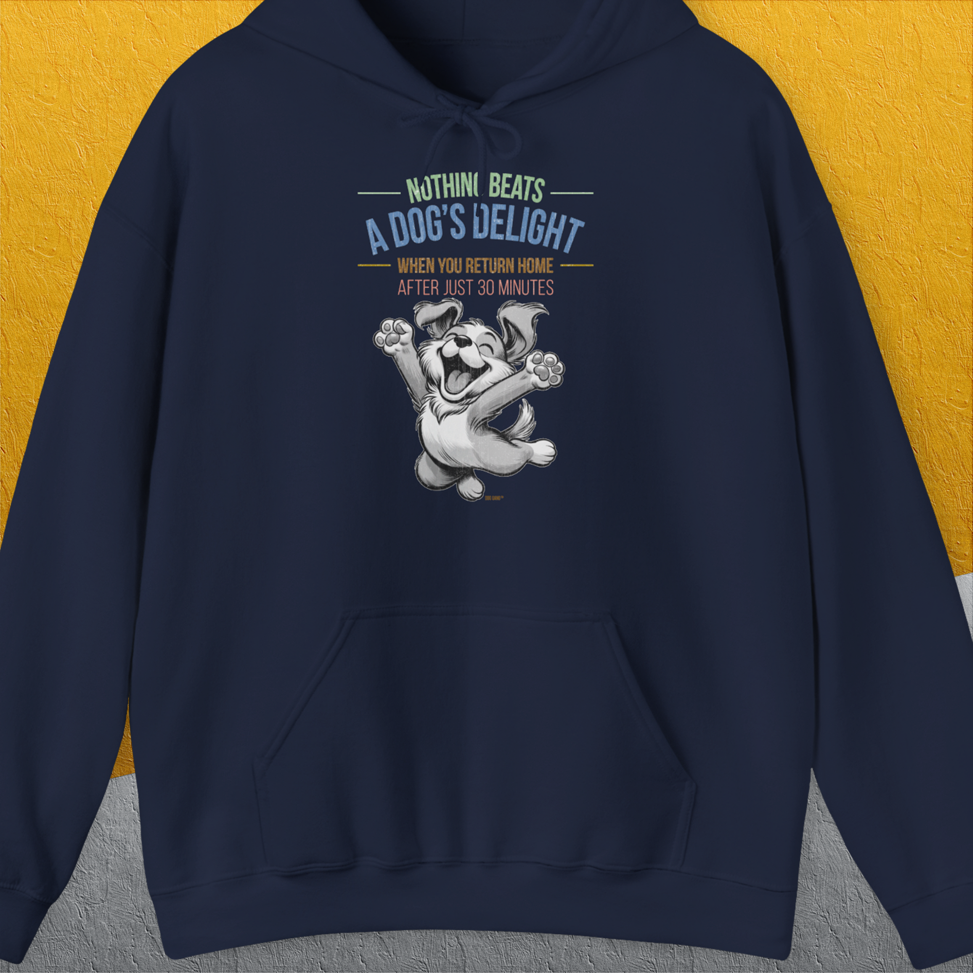 Nothing Beats A Dog's Delight When You Return Home, Volume 1, Unisex Hoodie-Navy-Kapuzi mit lustigem Spruch für Hundefreunde, Design by Dog Gang