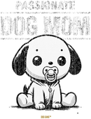 Illustration of a cartoon puppy with large eyes, sitting upright. The puppy wears a hooded onesie and holds a pacifier in its mouth. Distressed text is above, but its mostly unreadable.