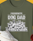 The Dog Dad Series, Volume 5 Unisex T-Shirt in military green features playful dog illustrations and a vintage design perfect for any dog lover. Designed by Dog Gang.