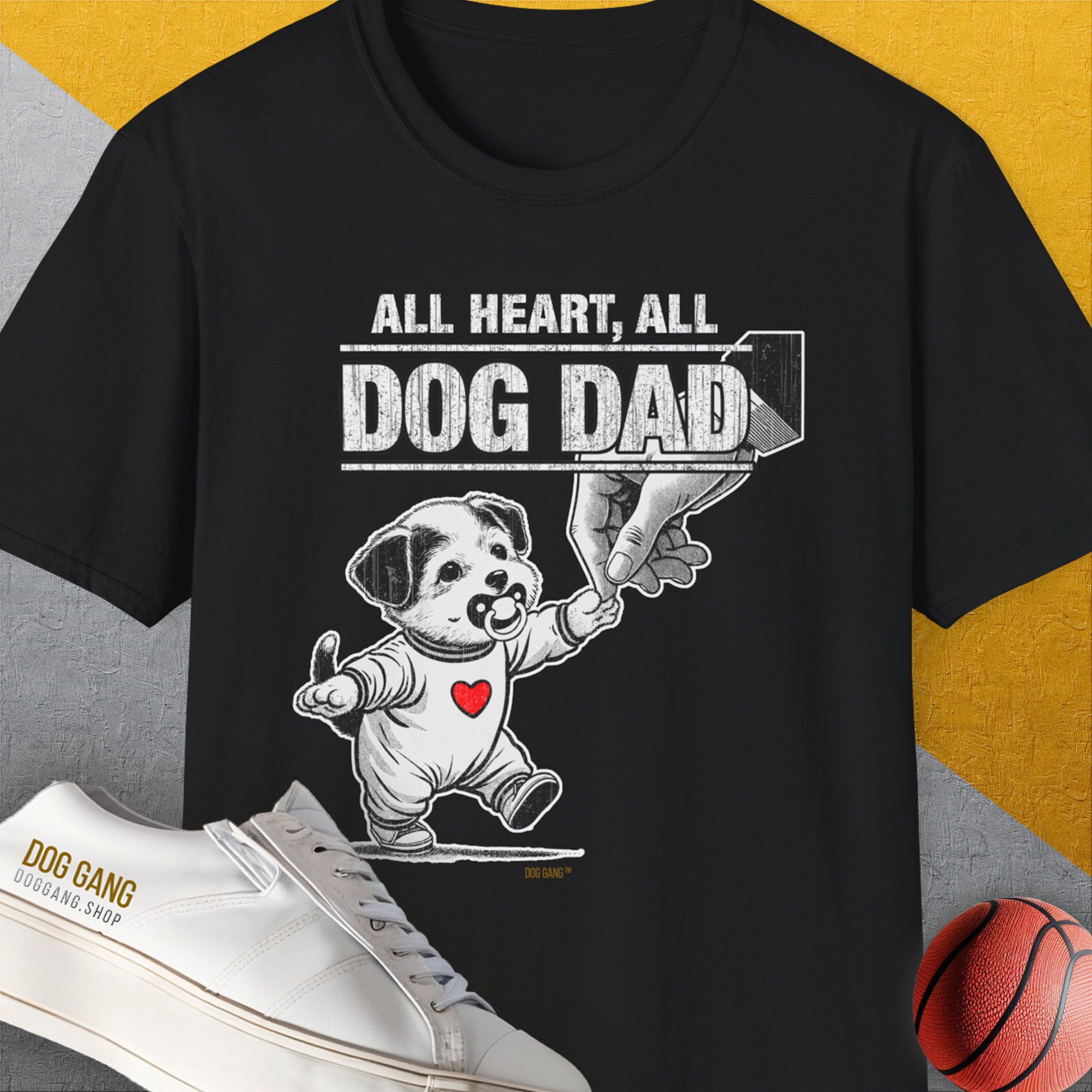 This black Dog Dad Series, Volume 7 unisex T-shirt features a cartoon puppy holding a male hand, a red heart and the lovely slogan "All Heart, All Dog Dad". Designed by Dog Gang.