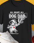 This black Dog Dad Series, Volume 7 unisex T-shirt features a cartoon puppy holding a male hand, a red heart and the lovely slogan "All Heart, All Dog Dad". Designed by Dog Gang.