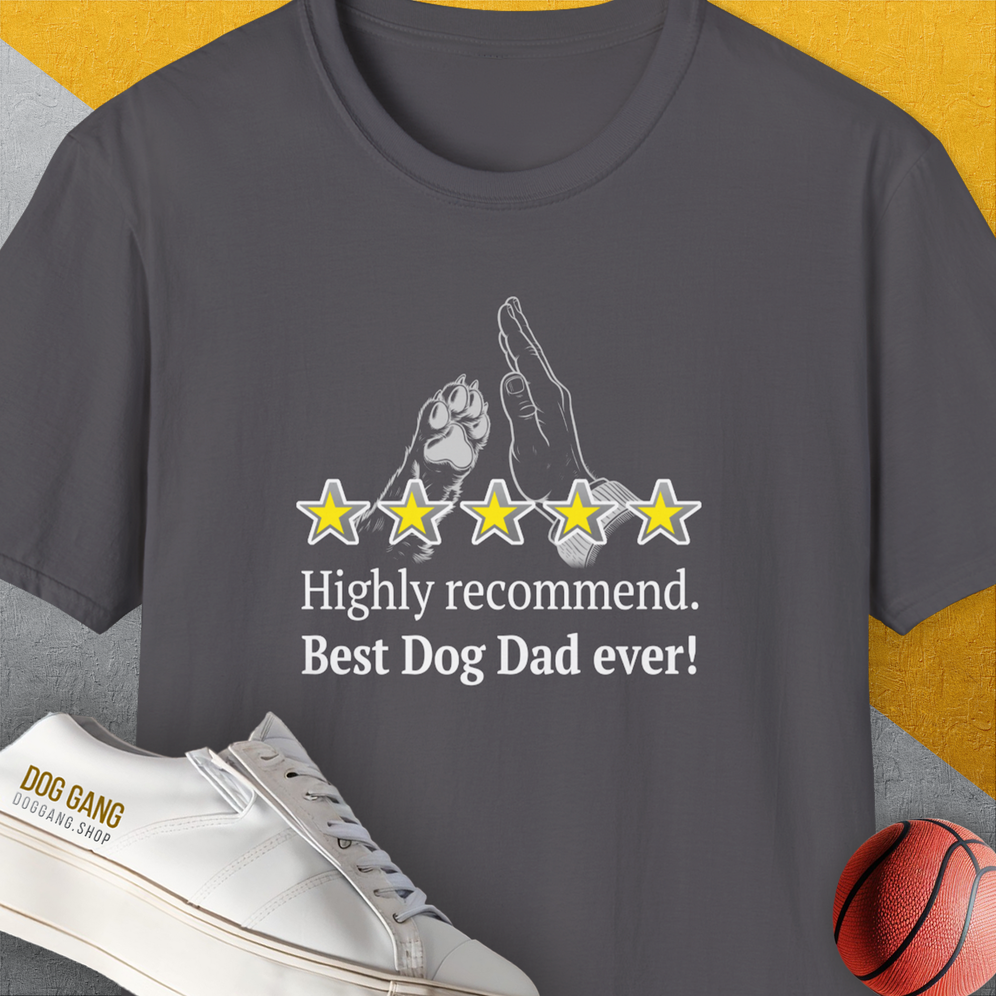 Charcoal shirt with a bold quote: Highly recommend. Best Dog Dad ever! accompanied by five stars. Perfect funny dog shirt for any proud dog owner and dog daddy. Designed by Dog Gang.