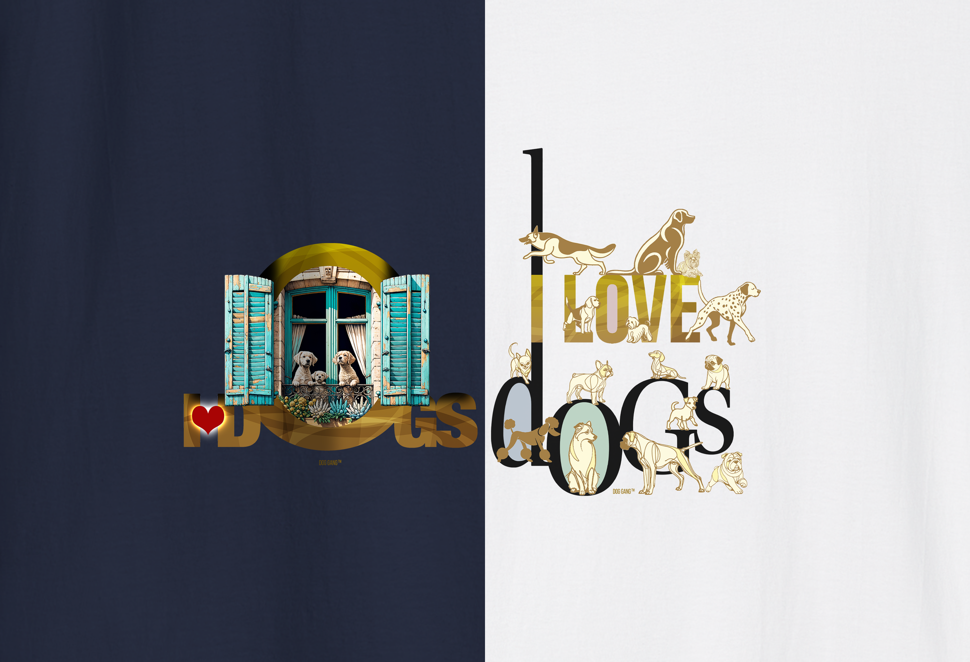 Eine Collage aus zwei Grafikdesigns mit den Worten „I Love Dogs“ und verschiedenen Hundeillustrationen. Jedes Design hat einen einzigartigen Stil mit unterschiedlichen Farben und Schriftarten und enthält Bilder von Hunden, wie z. B. einen Hund in einem Fenster und verspielte Hunde um den Text herum. DIE DESIGNS SIND FÜR T-SHIRTS, SWEATSHIRTS UND HOODIES. DESIGNT VON DOG GANG IN DER SCHWEIZ.