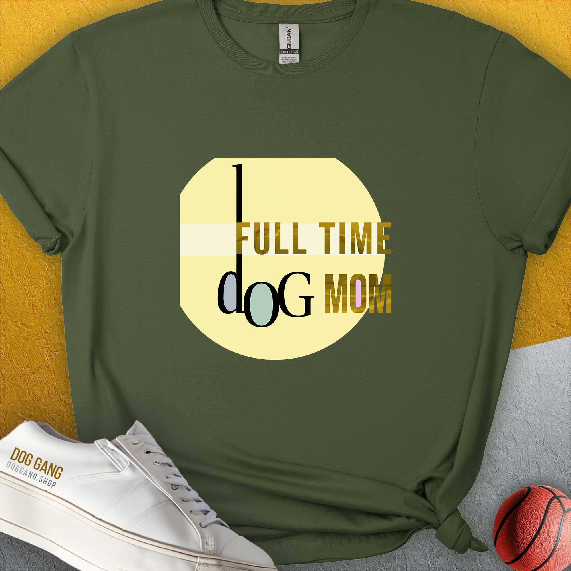 The Dog Mom Series, Volume 4, Unisex T-Shirt comes in green with Full Time Dog Mom text. Perfect for any dog lover. Designed by Dog Gang.