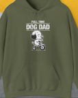 Unisex hoodie in Military Green showcases Full Time Dog Dad with a cute cartoon dog on a scooter in white. Perfect gift for any dog lover. Designed by Dog Gang.
