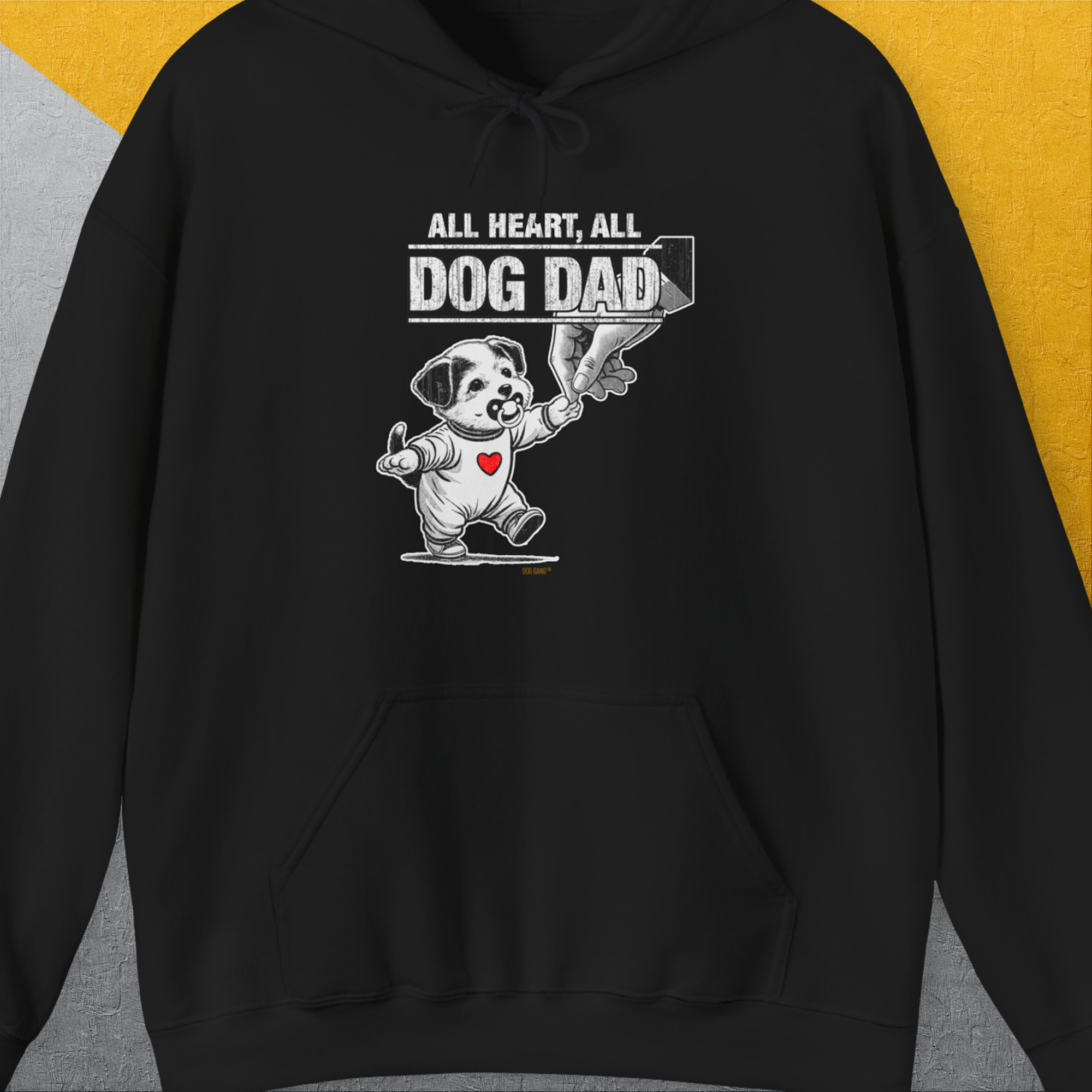 The Dog Dad Series Volume 7 Hoodie in black sports a cartoon dog and trophy with All Heart, All Dog Dad. Perfect for any dog lover. Designed by Dog Gang.