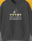 "Highly recommend. Best Dog Dad ever!" with a paw print and five stars—a perfect dog lover gift. Designed by Dog Gang.