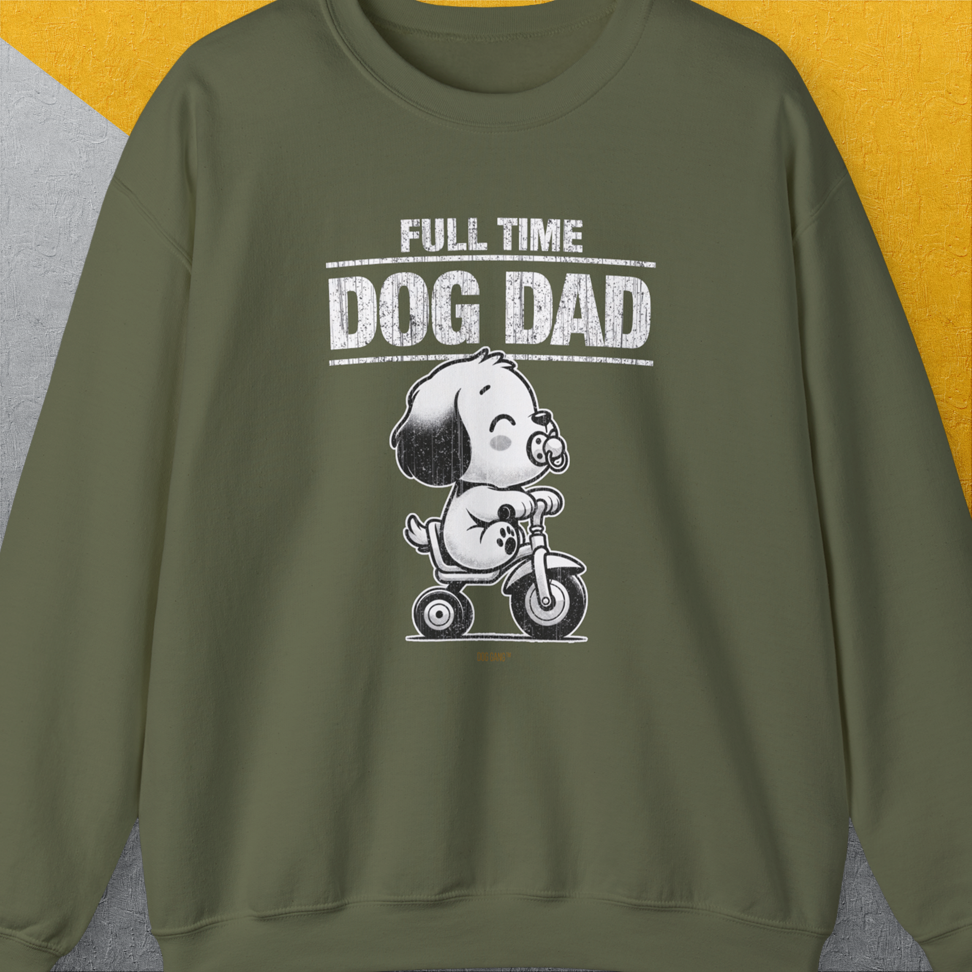 Designed by Dog Gang. Perfect for any dog owner, this shirt features Full Time Dog Dad with a cute cartoon dog on a tricycle in a playful design. Ideal for the dedicated dog person!.