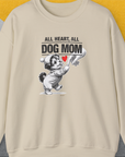Cartoon dog with a red heart, "All Heart, All Dog Mom" quote. Cute dog design holding a woman's hand. For every loving dog mum. Designed by Dog Gang.