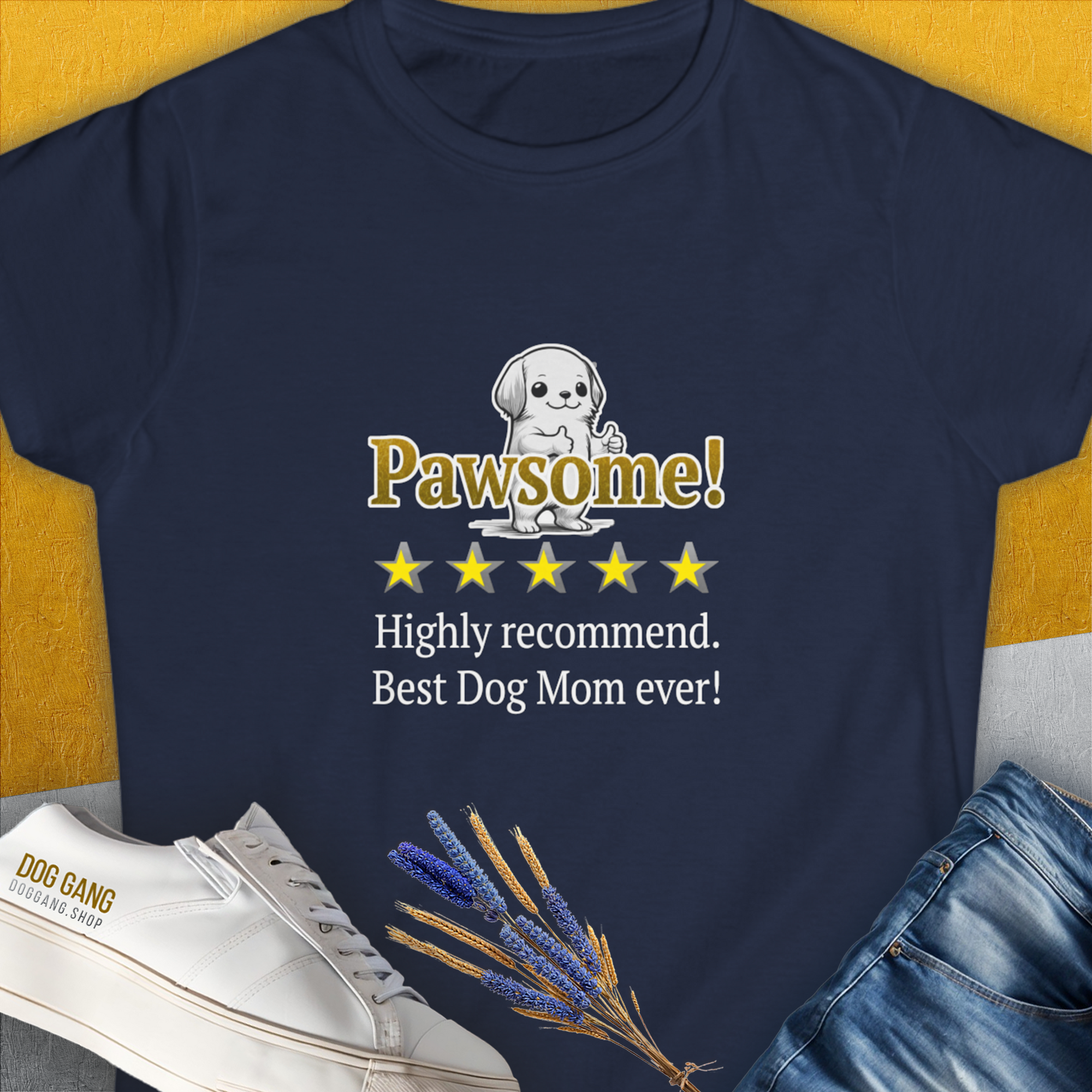 Navy tee featuring Pawsome! with dog graphic and five stars. Cute dog design for any dog lover. Designed by Dog Gang.