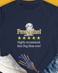 Navy tee featuring Pawsome! with dog graphic and five stars. Cute dog design for any dog lover. Designed by Dog Gang.