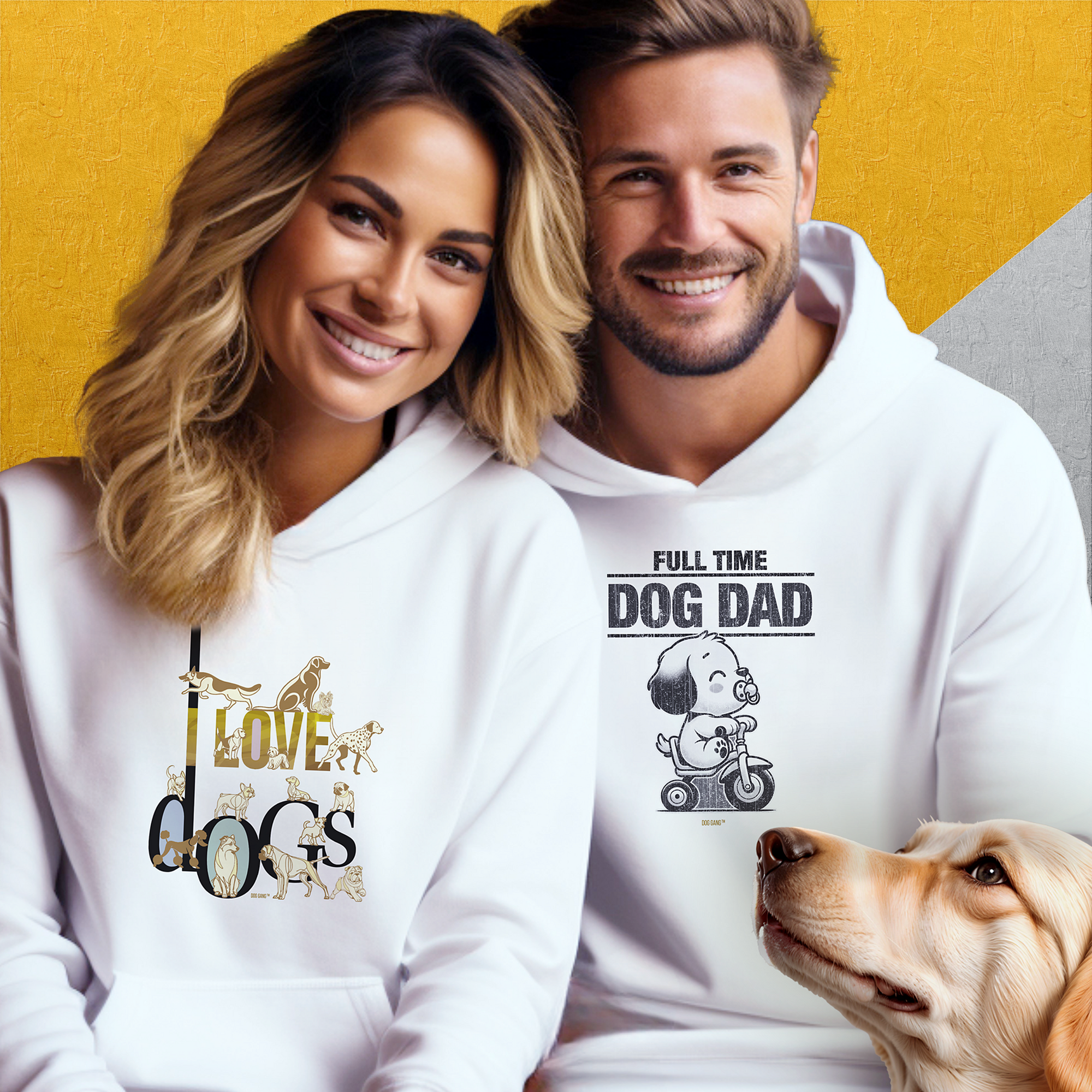 Bild für die Dog Gang UNISEX HOODIE-Kollektion. Ein Mann und eine Frau sitzen zusammen, beide tragen weiße Kapuzenpullover. Auf dem Hoodie der Frau steht „I Love Dogs“ und auf dem des Mannes „Full Time Dog Dad“. Vor ihnen sitzt ein Golden Retriever.