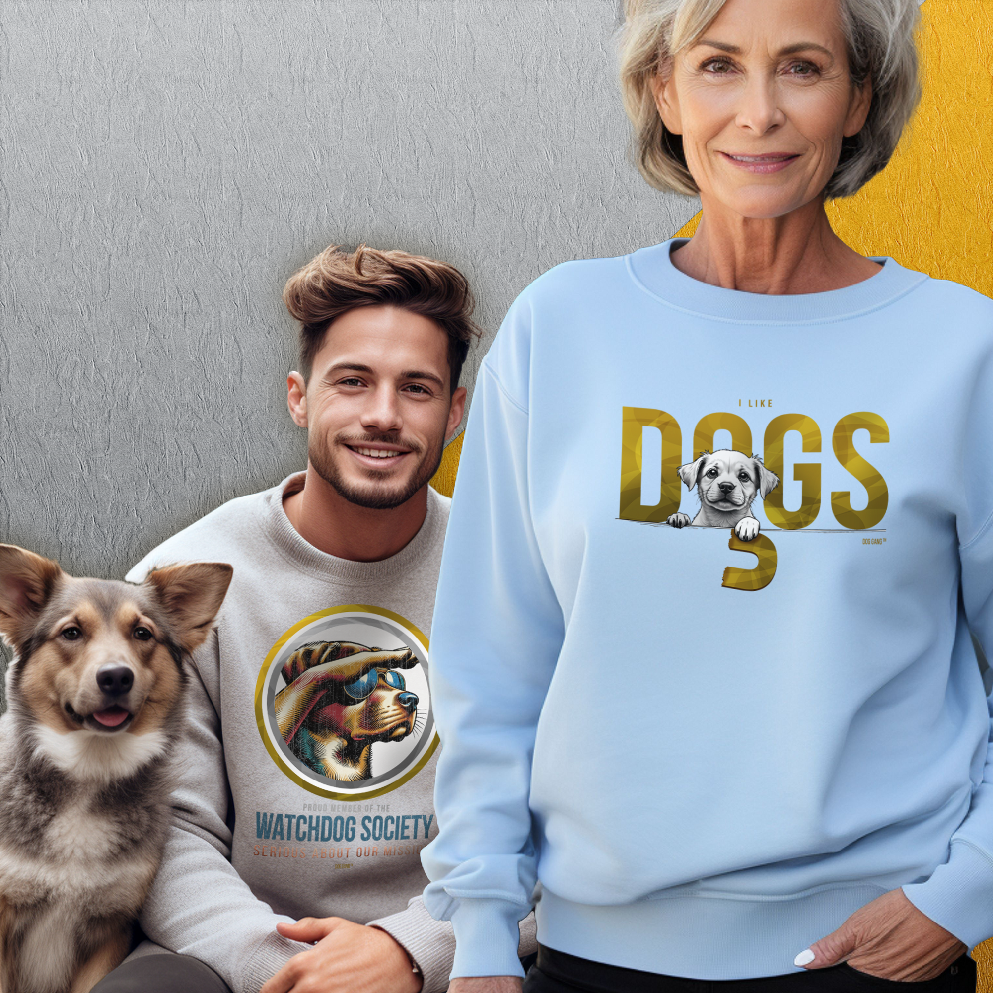 Bild für die Dog Gang UNISEX-Sweatshirt-Kollektion. Eine Frau und ein Mann sitzen mit einem Hund. Die Frau trägt ein hellblaues Sweatshirt mit „I like dogs“ und einer ansprechenden Hundegrafik. Der Mann trägt ein graues Sweatshirt mit einem kreisförmigen lustigen Hundedesign und "Watchdog Society".
