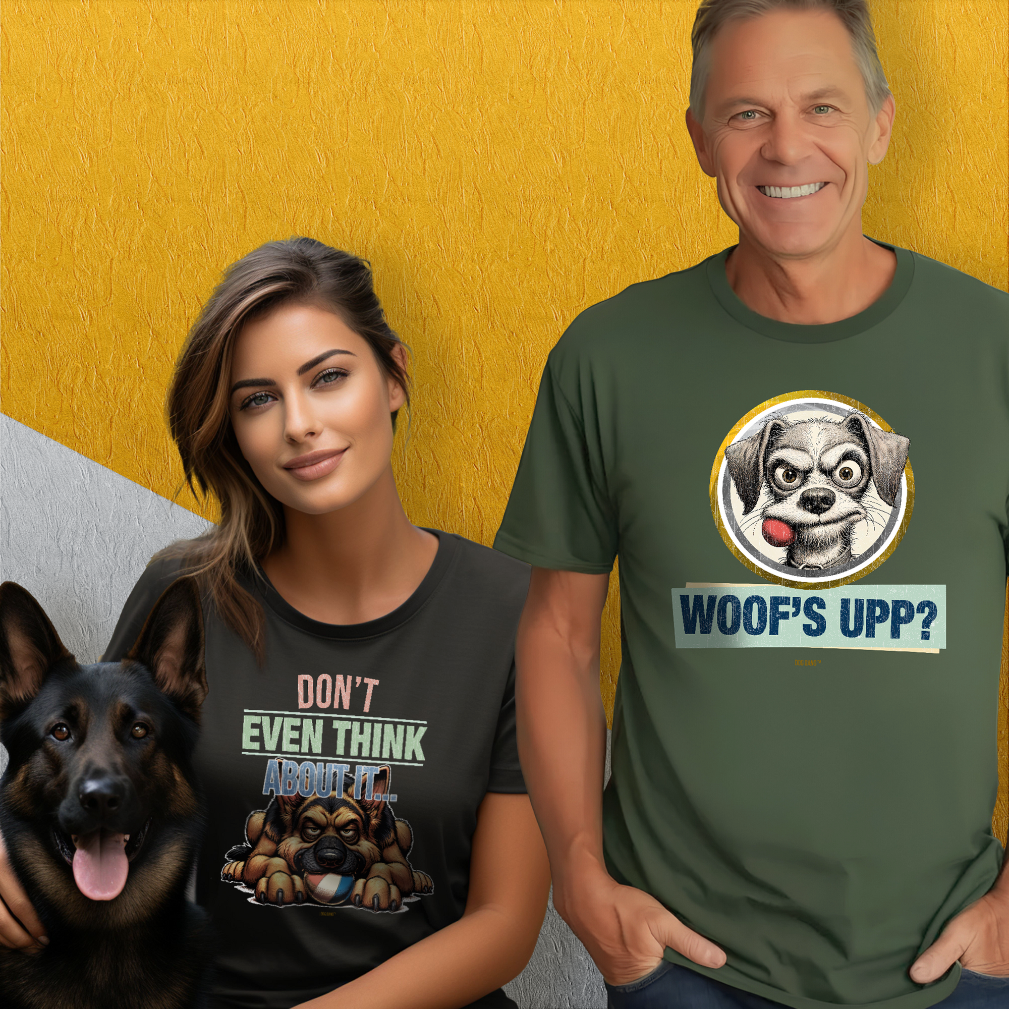 Bild für die Dog Gang UNISEX T-Shirt-Kollektion. Eine Frau und ein Mann lächeln, während sie neben einem Deutschen Schäferhund stehen. Die Frau trägt ein T-Shirt mit einer Hundeillustration und dem Text „Don’t Even Think About It“. Der Mann trägt ein T-Shirt mit einer Hundeillustration und dem Text „Woofs Upp?“