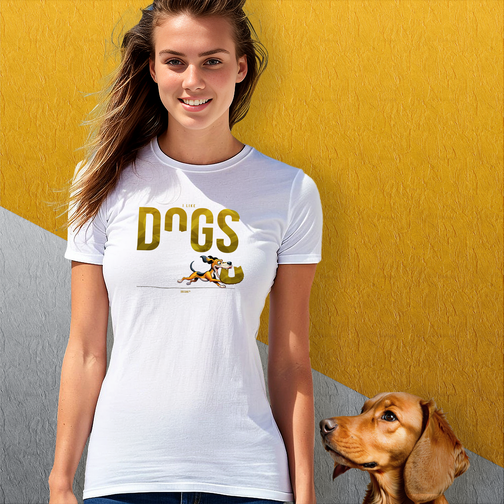 Bild für die Dog Gang WOMAN'S T-Shirt Kollektion. Eine Frau trägt ein weißes T-Shirt mit femininem und figurbetontem Schnitt und einer Dog Gang-Grafik.