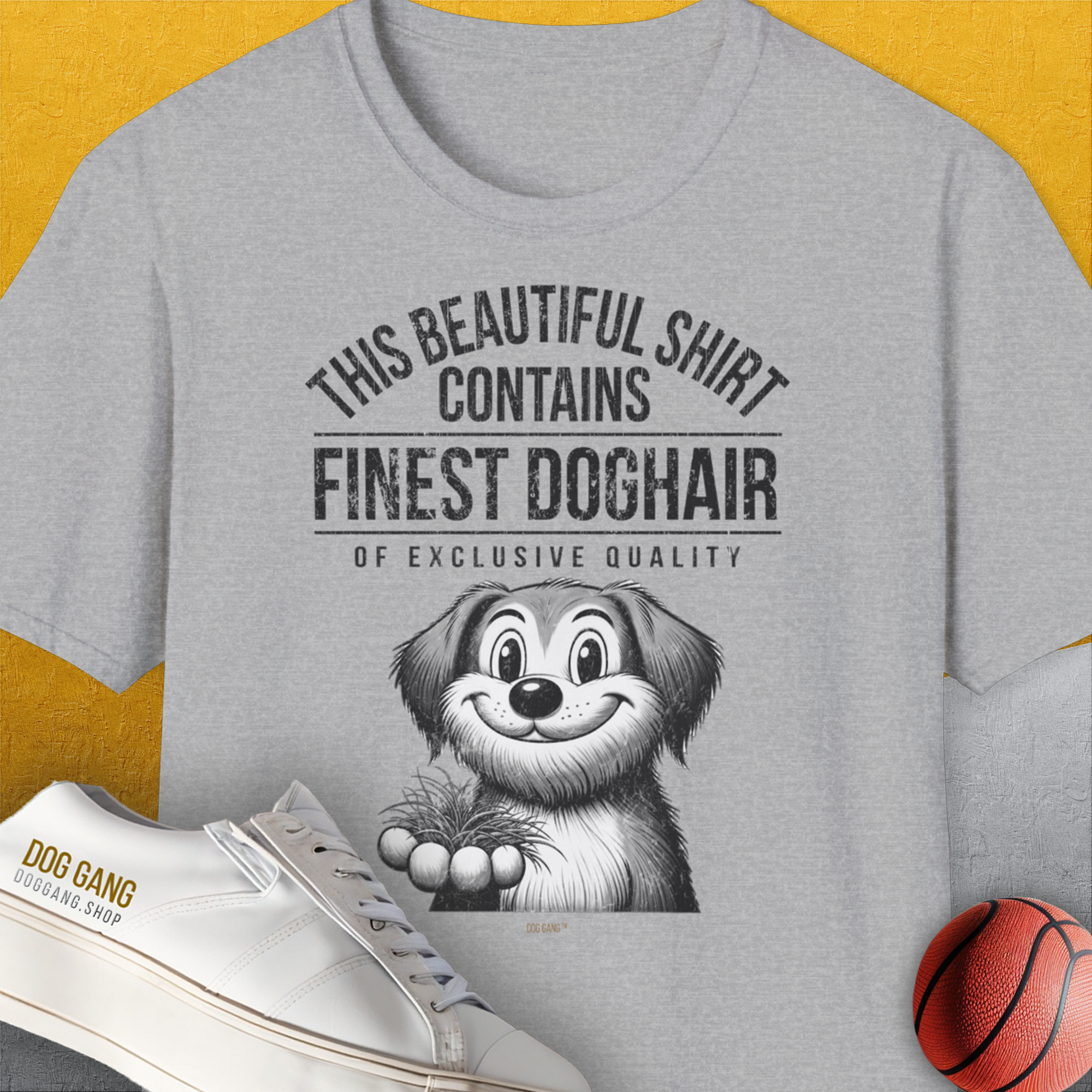 This Beautiful Shirt Contains Finest Dog Hair Of Exclusive Quality, Volume 1, Unisex T-Shirt-Sport Grey-cooles Tee mit lustigem Spruch für Hundefreunde, Design by Dog Gang