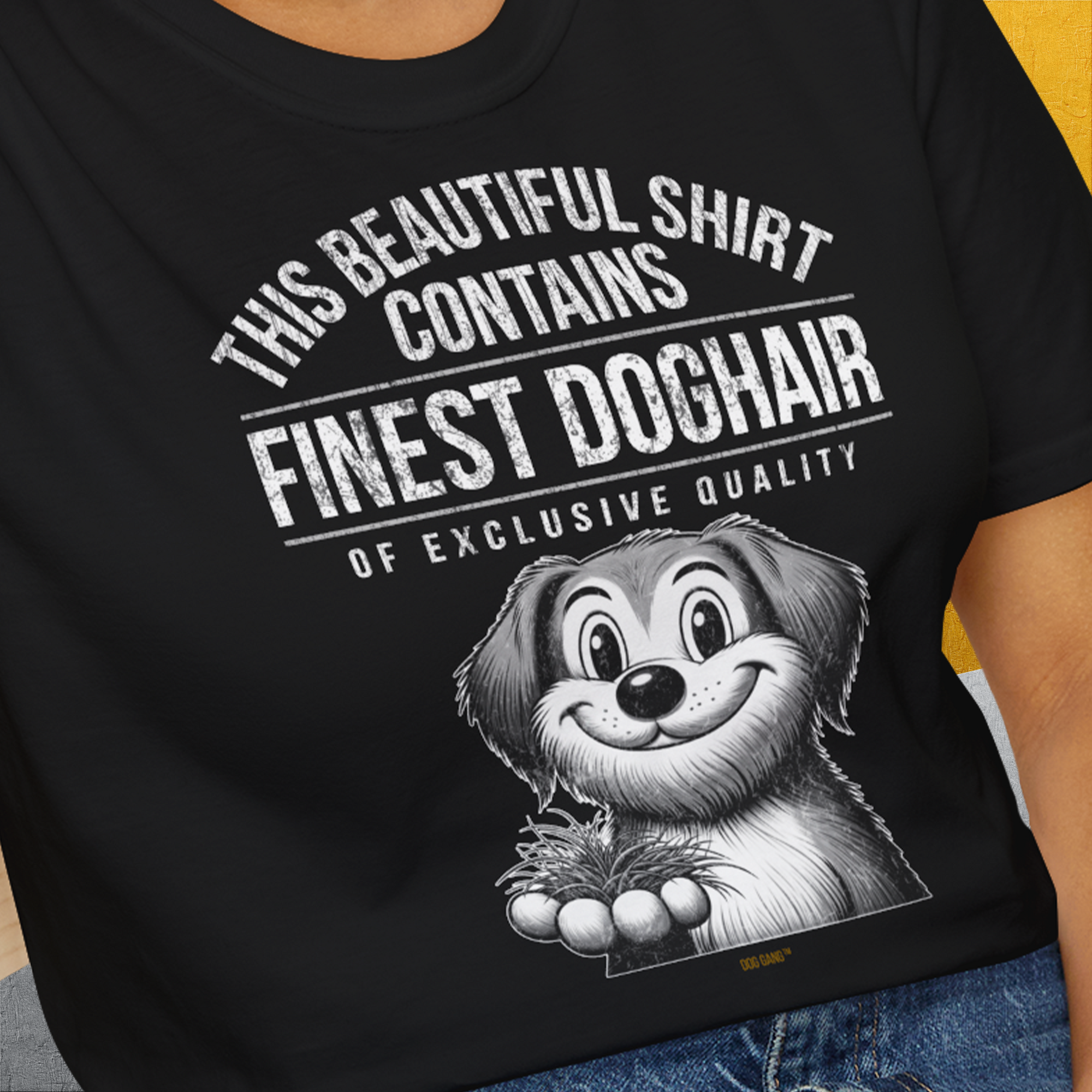 This Beautiful Shirt Contains Finest Dog Hair Of Exclusive Quality, Volume 1, Unisex T-Shirt-lustiger Spruch auf bequemen Shirt für Hundeliebhaber, Design by Dog Gang