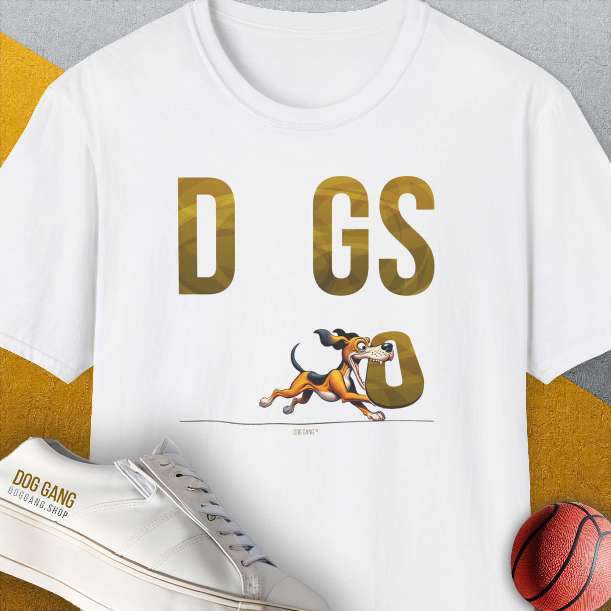 DOGS Series (D-GS), Volume 1, Unisex T-Shirt-White. A perfect gift for dog lovers and dog owners. Design by Dog Gang