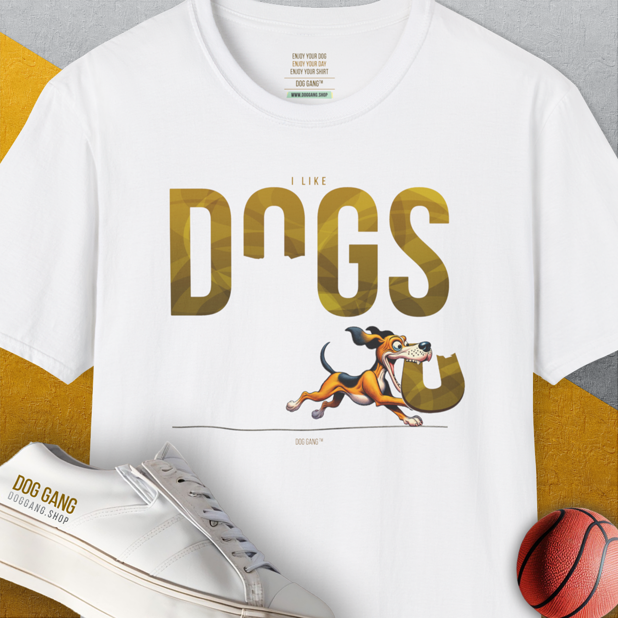 DOGS Series (D-GS), Volume 2, Unisex T-Shirt-White. A perfect gift for dog lovers and dog owners. Design by Dog Gang