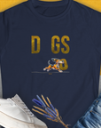 Designed by Dog Gang. The cute dog design: The DOGS Series (D-GS), Volume 1, navy womens t-shirt showcases D GS with a cartoon dog running away with the letter O. Perfect for any dog lover.