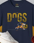 The navy shirt features I Like Dogs text alongside a running dog graphic and a basketball, perfect for any dog lover. Designed by Dog Gang.