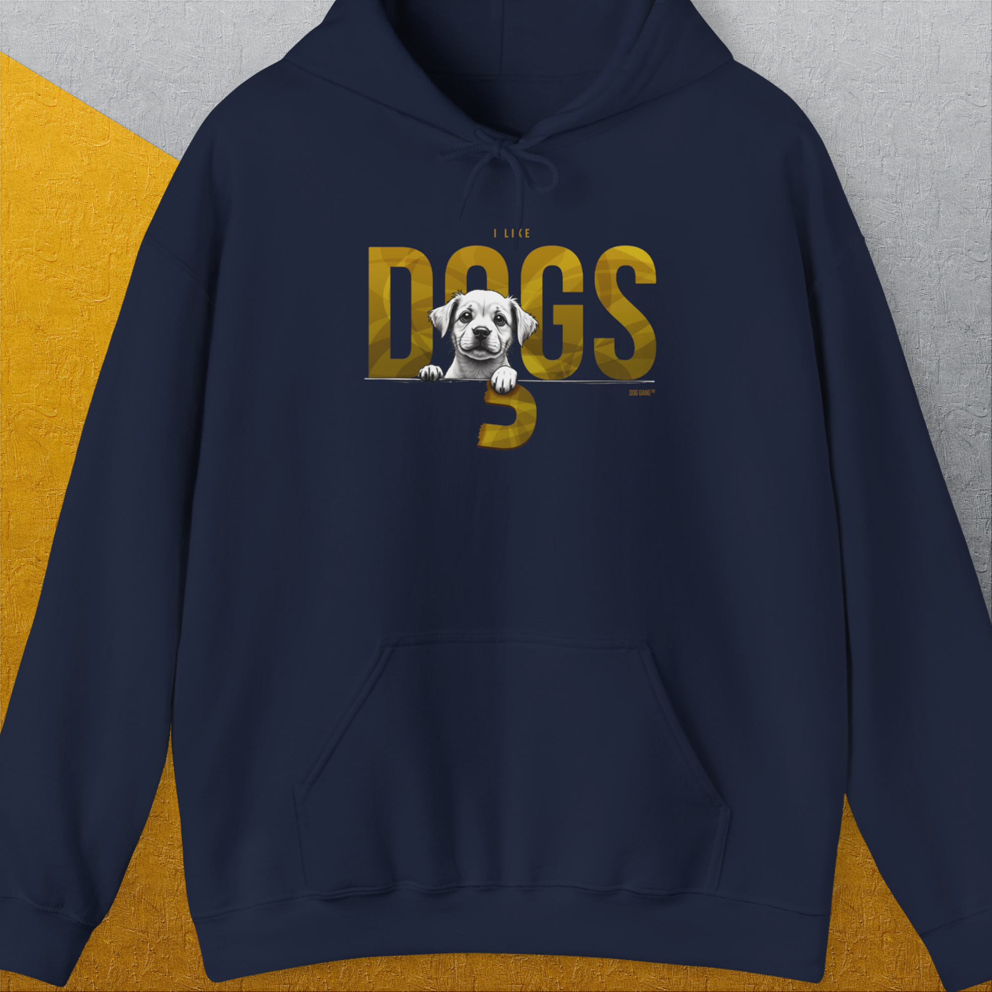 This puppy print tee features a cute dog design with the bold gold text I Like Dogs, perfect for any dog lover. Designed by Dog Gang.