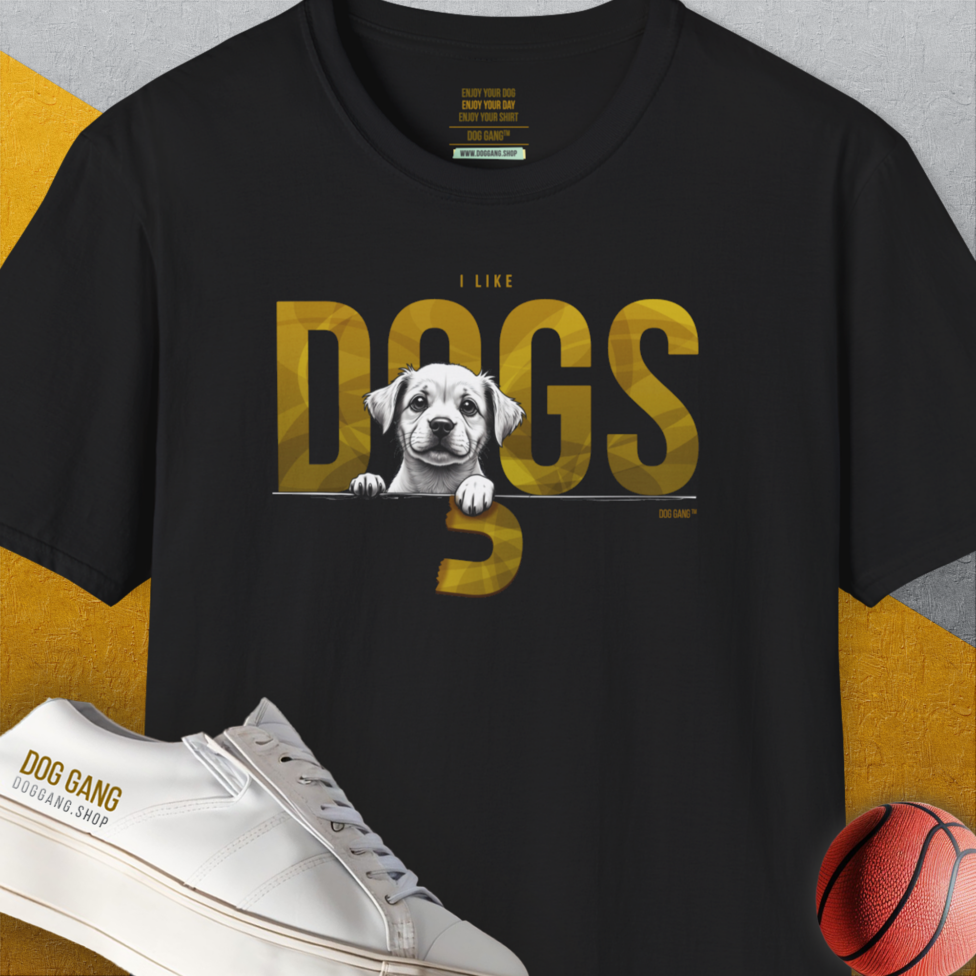 Unisex black T-shirt featuring I LIKE DOGS text with a cute puppy image. Perfect for any dog lover gift. From the Swiss design label Dog Gang.