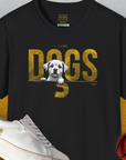 Unisex black T-shirt featuring I LIKE DOGS text with a cute puppy image. Perfect for any dog lover gift. From the Swiss design label Dog Gang.