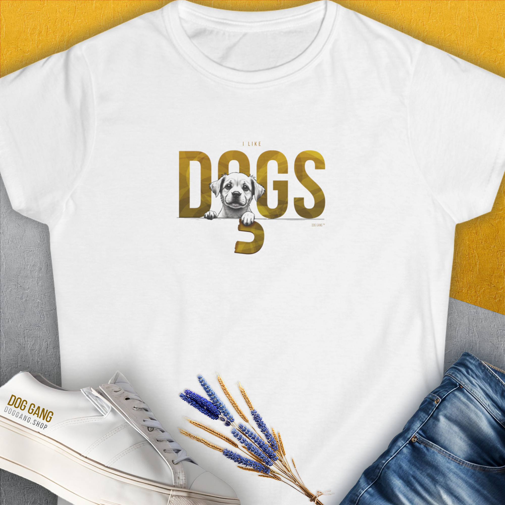 The DOGS Series (D-GS), Volume 3 womens t-shirt showcases I LIKE DOGS and an adorable puppy illustration—perfect for any dog lover. Designed by Dog Gang.