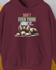 Funny dog shirt featuring a poodle guarding his fetch ball with vibrant text: "Dont Even Think About It...", Volume 1. Cute dog design for a lighthearted style. Designed by Dog Gang.