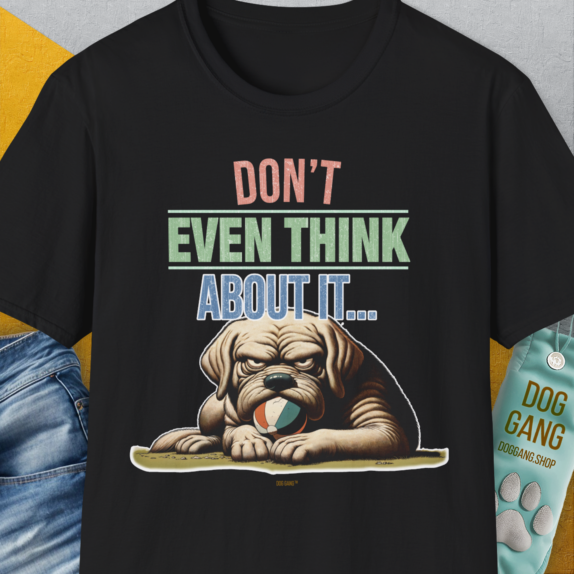 A Labrador dog guarding his fetch ball illustration, captioned "Dont Even Think About It..." Perfect for any dog lover. Designed by Dog Gang.