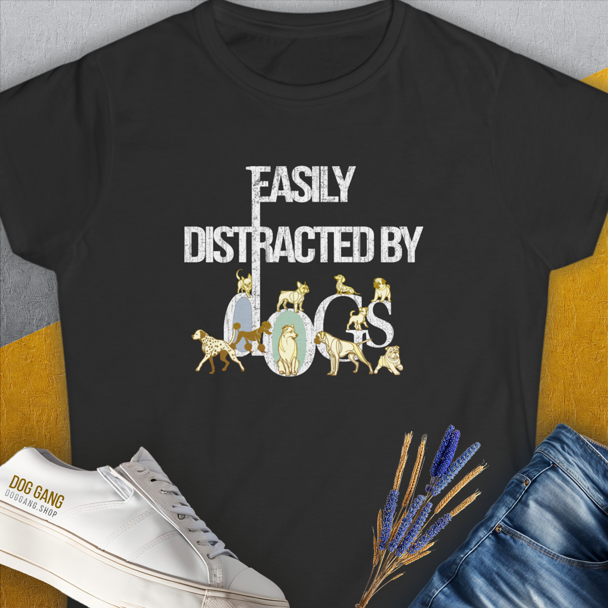 Easily Distracted By Dogs Series, Volume 1, Women's T-Shirt-Black. A perfect gift for dog lovers and dog owners. Design by Dog Gang