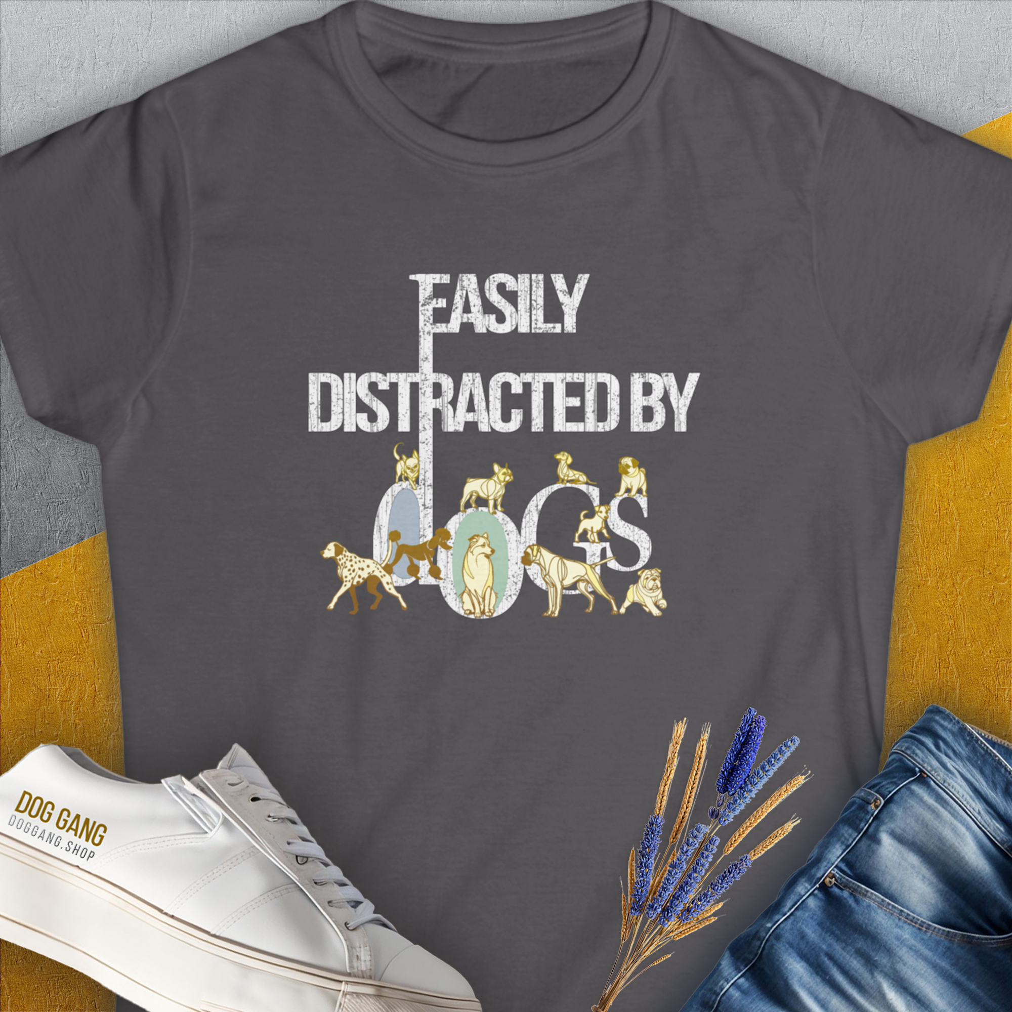 Easily Distracted By Dogs Series, Volume 1, Women's T-Shirt-Charcoal. A dog-themed Design from Dog Gang