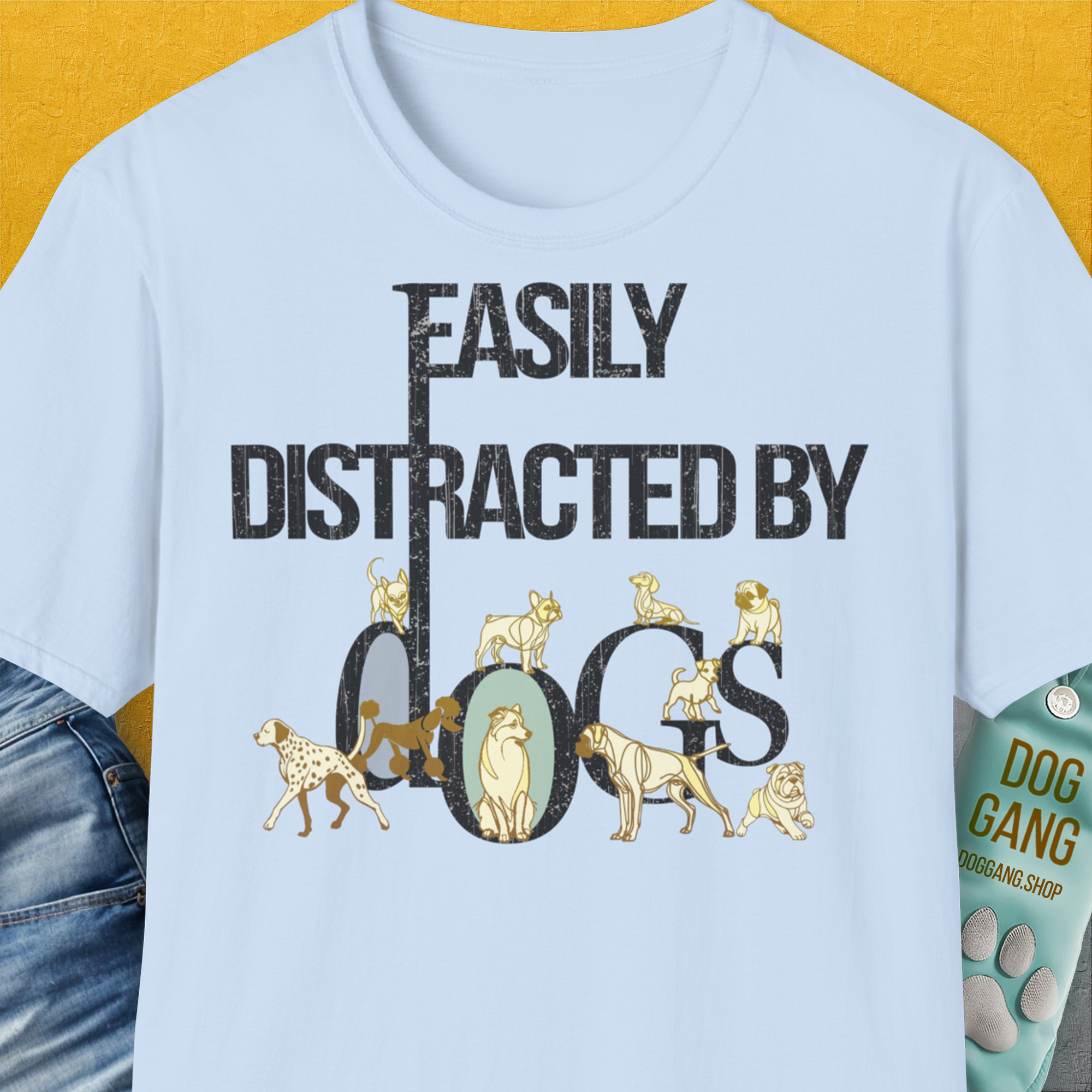 Easily Distracted By Dogs Series, Volume 1, Unisex T-Shirt-Light Blue, Design by Dog Gang