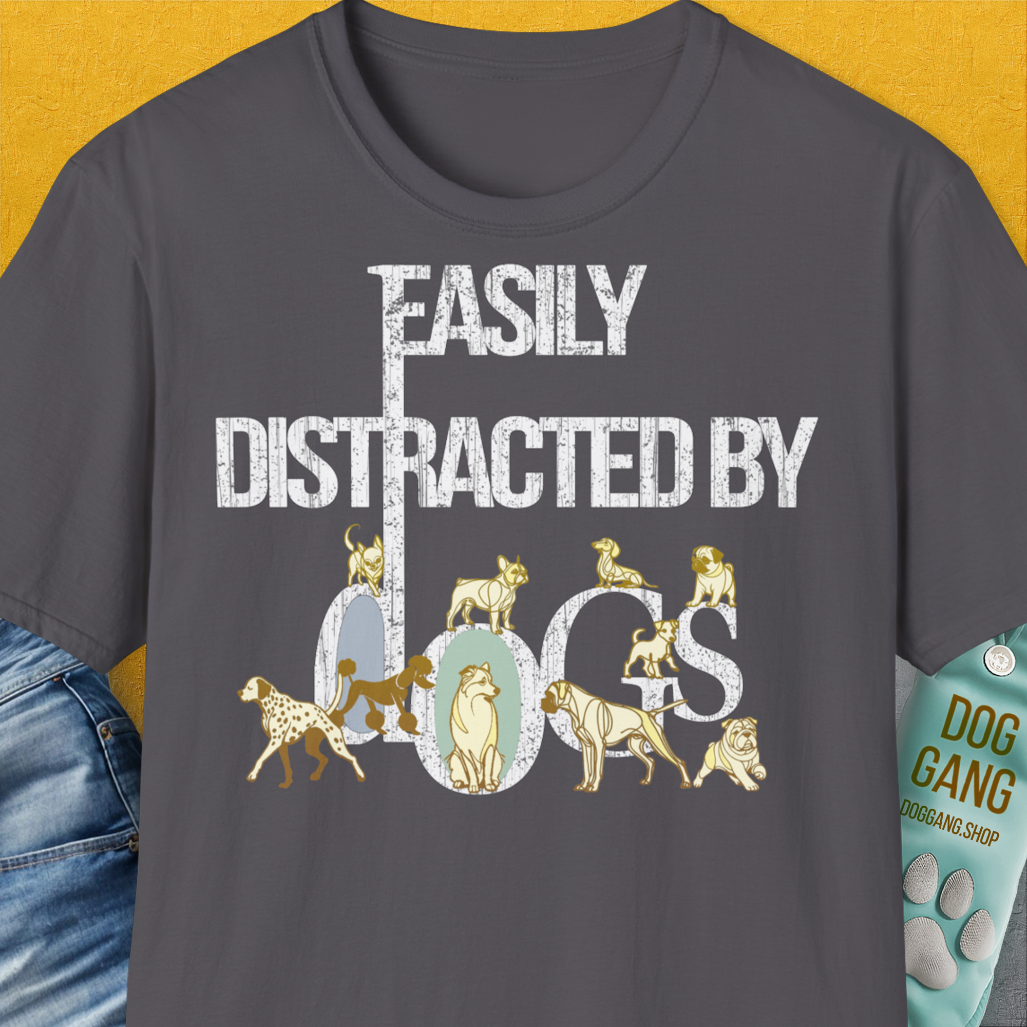 Easily Distracted By Dogs Series, Volume 1, Unisex T-Shirt-Charcoal, Design by Dog Gang