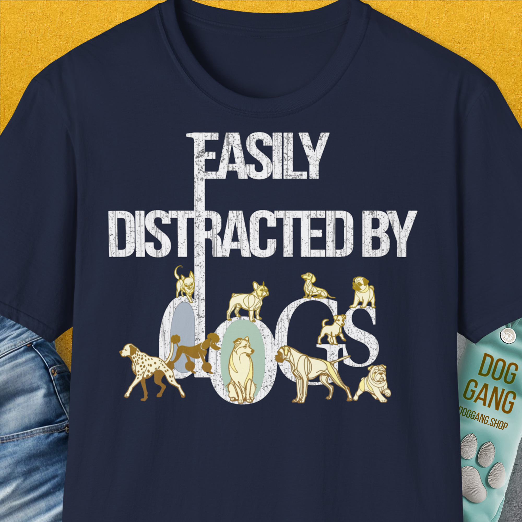 Easily Distracted By Dogs Series, Volume 1, Unisex T-Shirt-Navy, Design by Dog Gang