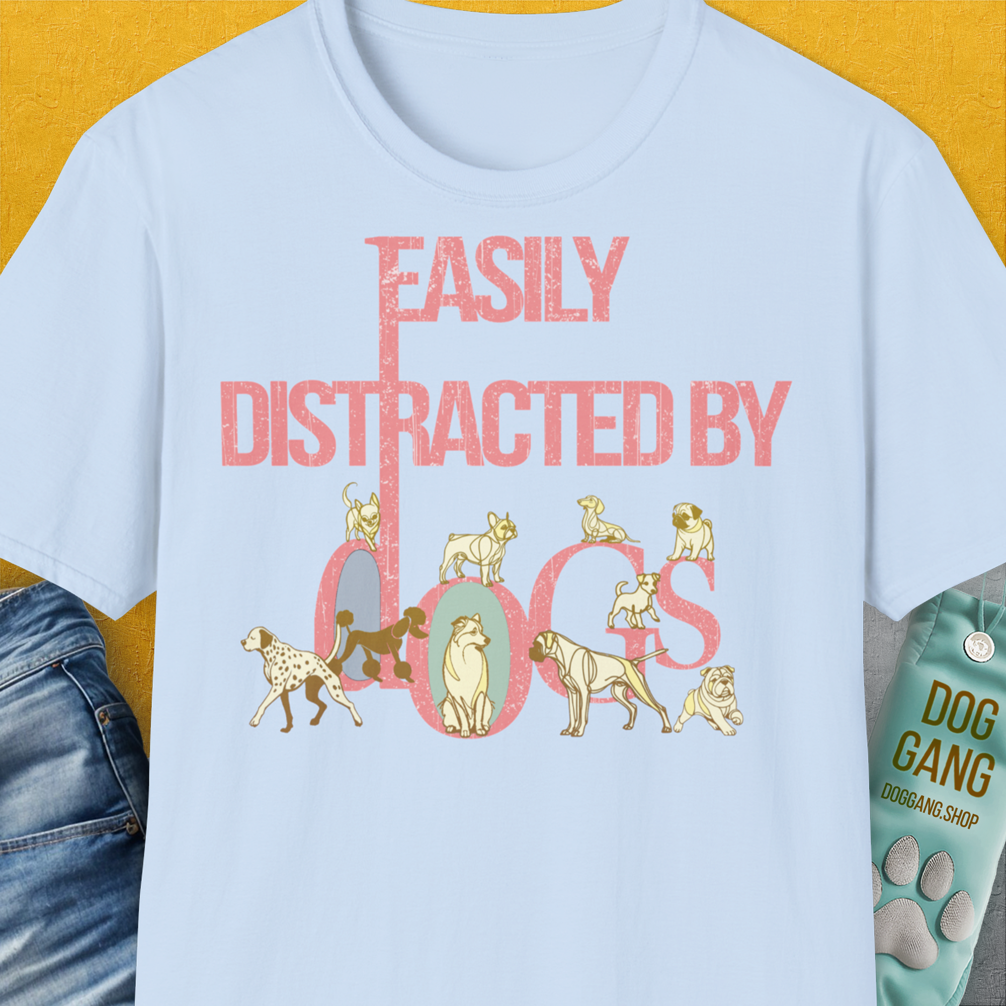 Easily Distracted By Dogs Series, Volume 2, Unisex T-Shirt-Light Blue, Design by Dog Gang