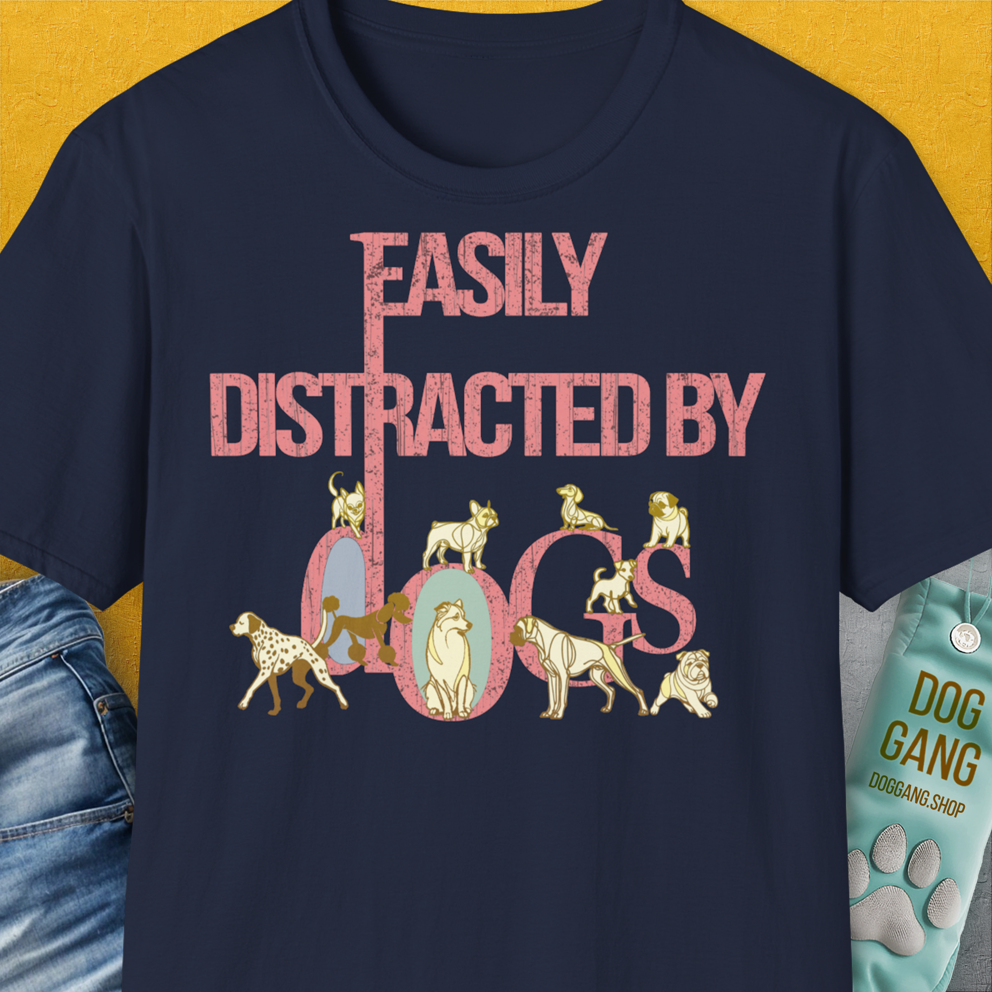 Easily Distracted By Dogs Series, Volume 2, Unisex T-Shirt-Navy, Design by Dog Gang