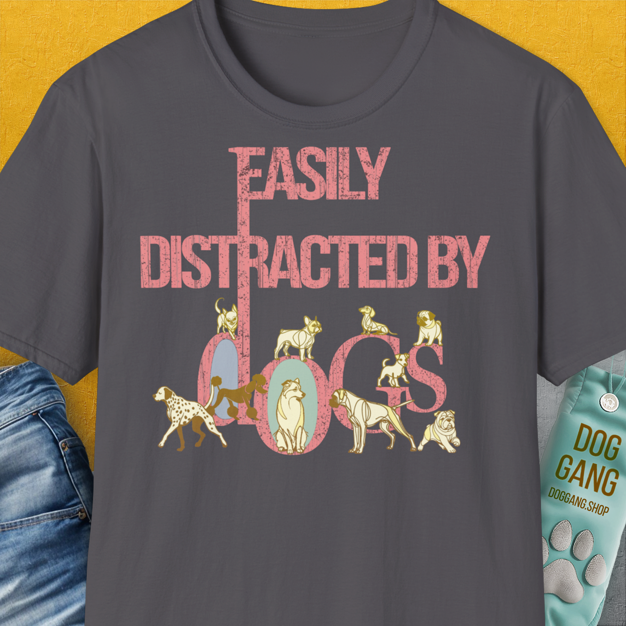 Easily Distracted By Dogs Series, Volume 2, Unisex T-Shirt-Charcoal, Design by Dog Gang