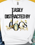 The Easily Distracted By Dogs Series, Volume 1, Unisex T-Shirt is a soft white tee made from 100% cotton. It features the phrase with dog breed illustrations: a Dalmatian, a Golden Retriever, a Pug, a Poodle, Dachshund, French Bulldog, Chihuahua, Husky and more. Designed in Switzerland by Dog Gang.