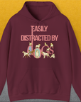 Maroon unisex hoodie: Easily Distracted By Dogs Series, Volume 2 with playful dog illustrations. Perfect for any dog person. Designed by Dog Gang.