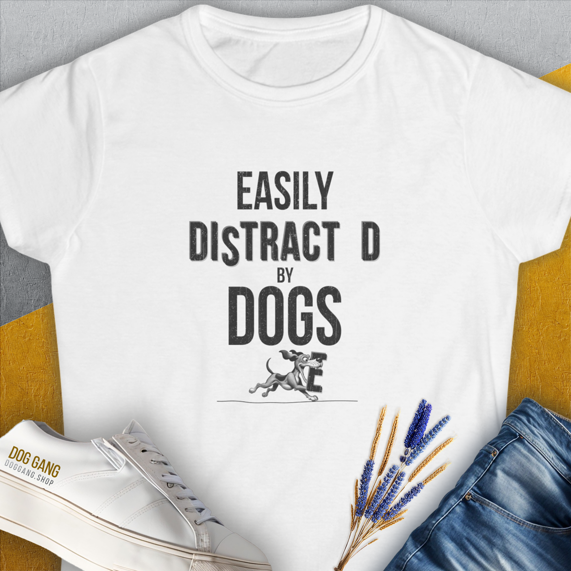 White Easily Distracted by Dogs Womens T-Shirt, Volume 3 series, features a funny dog graphic. Ideal for any dog lover, crafted from ringspun cotton for cozy wear. Designed by Dog Gang.