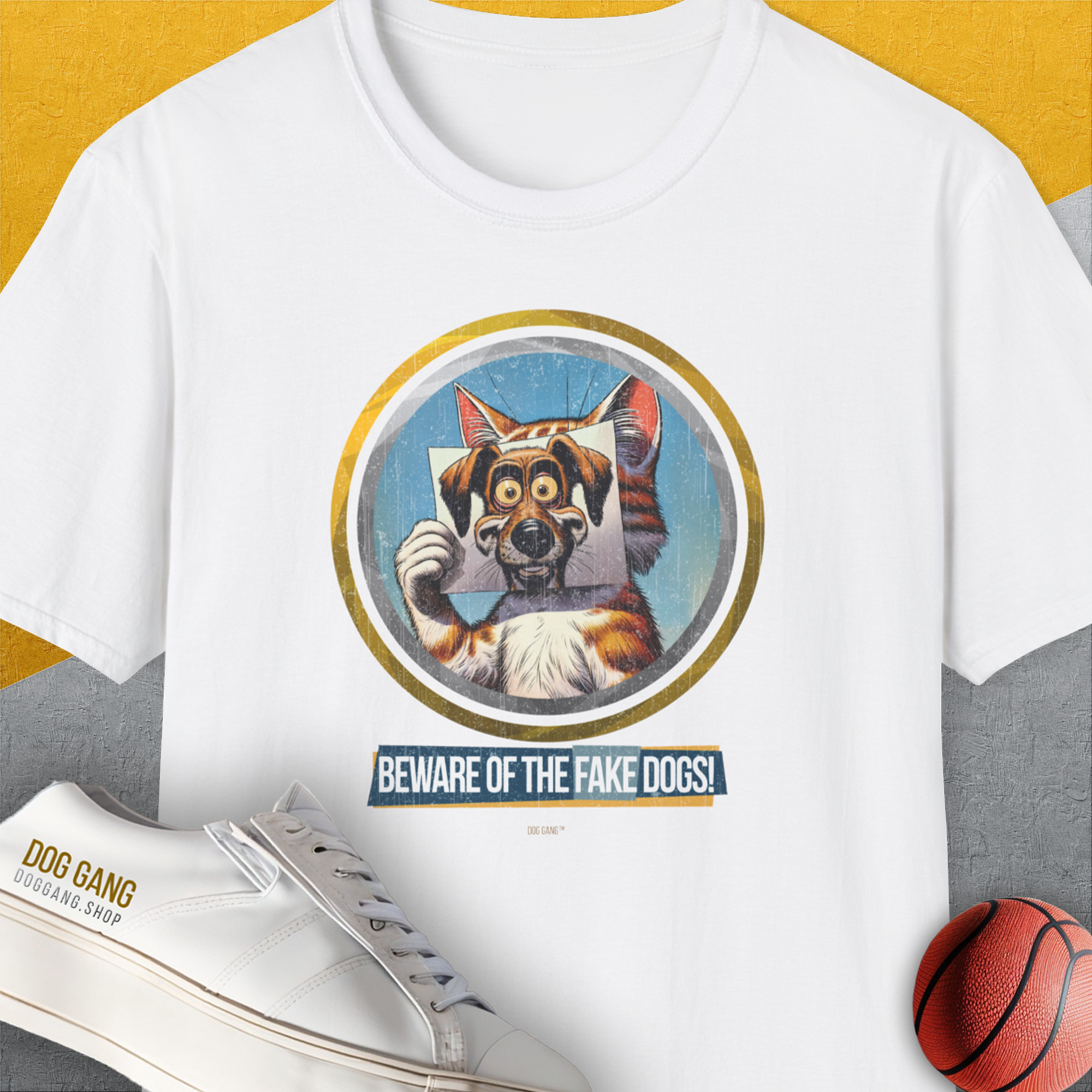 Beware Of The Fake Dogs! Volume 1, Unisex T-Shirt-White. A perfect gift for dog lovers and dog owners. Design by Dog Gang