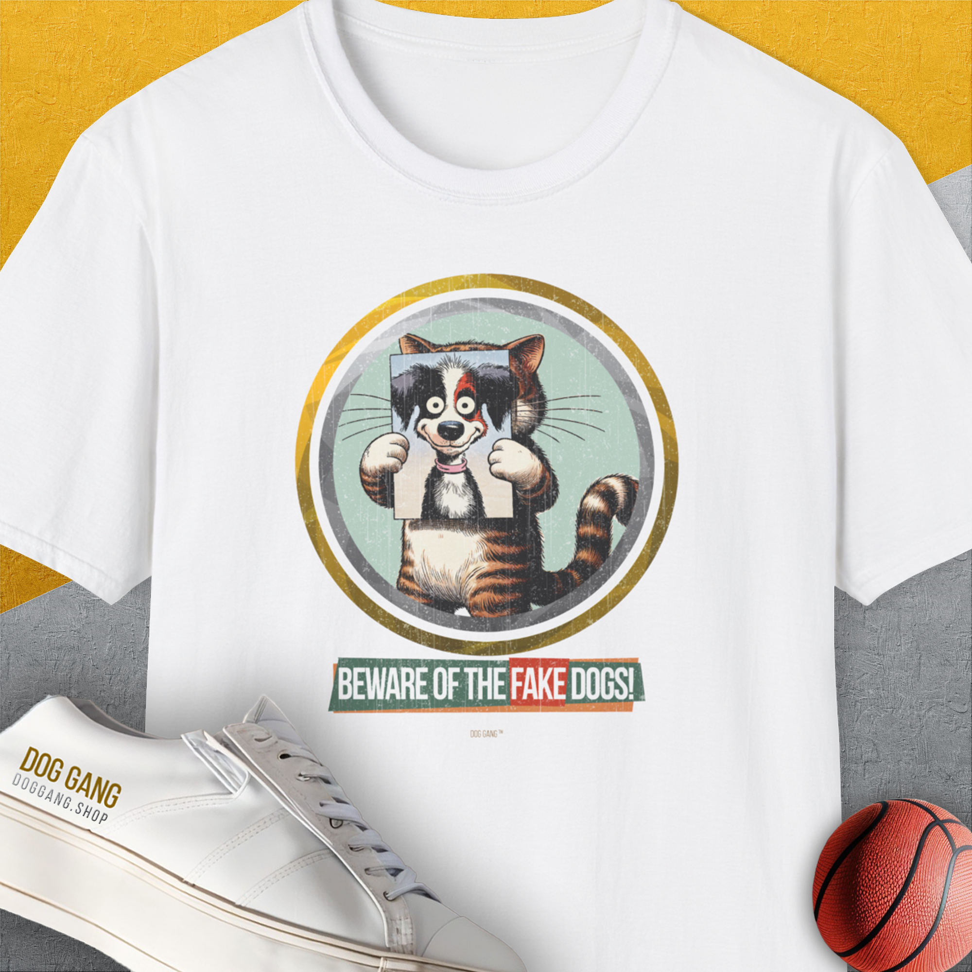 Beware Of The Fake Dogs! Volume 2, Unisex T-Shirt-White. A perfect gift for dog lovers and dog owners. Design by Dog Gang